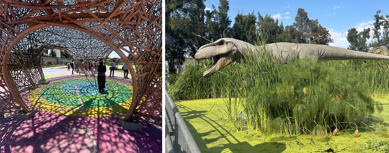 Left: Colourful play area structure ; Right: Dinosaur model at a dinosaur park